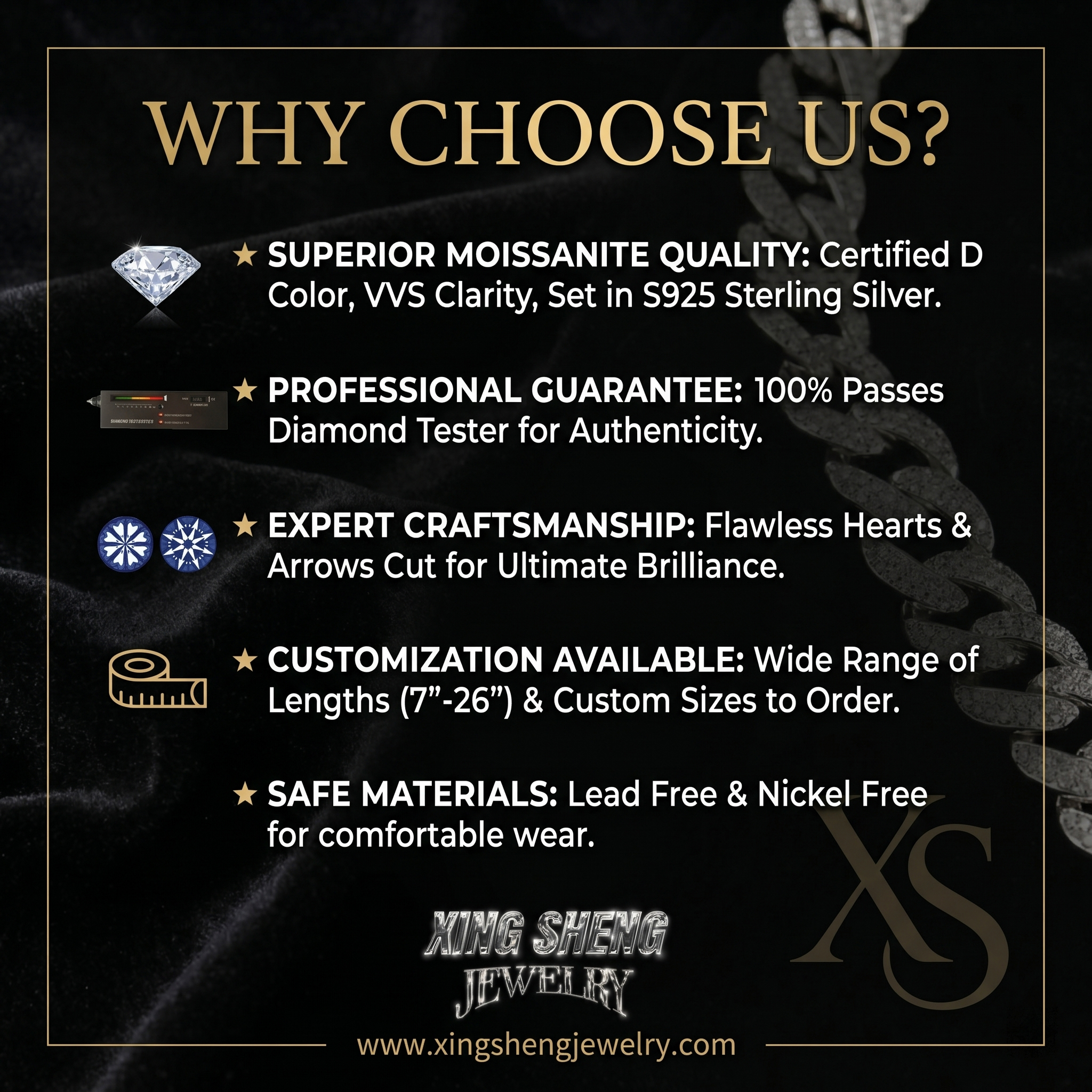 Infographic detailing the superior quality of the 13mm moissanite Cuban chain, highlighting D color VVS clarity, diamond tester guarantee, and safe lead-free materials.