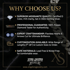 Infographic detailing the superior quality of the 13mm moissanite Cuban chain, highlighting D color VVS clarity, diamond tester guarantee, and safe lead-free materials.