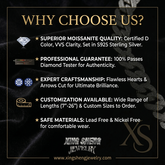 Infographic detailing the superior quality of the 13mm moissanite Cuban chain, highlighting D color VVS clarity, diamond tester guarantee, and safe lead-free materials.