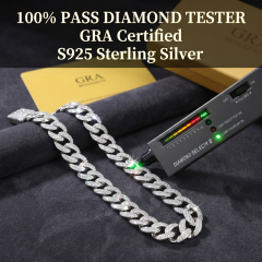 Real-time demonstration of the 13mm S925 silver moissanite Cuban chain effortlessly passing a diamond tester with a green light indicator, backed by GRA certification.