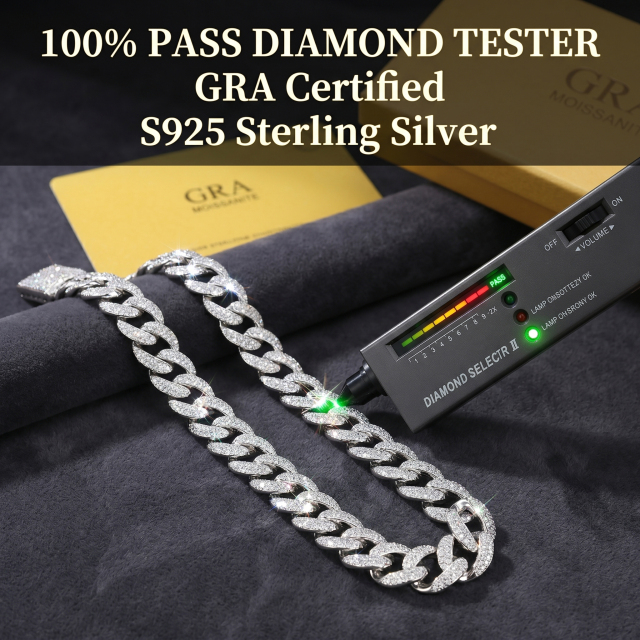 Real-time demonstration of the 13mm S925 silver moissanite Cuban chain effortlessly passing a diamond tester with a green light indicator, backed by GRA certification.