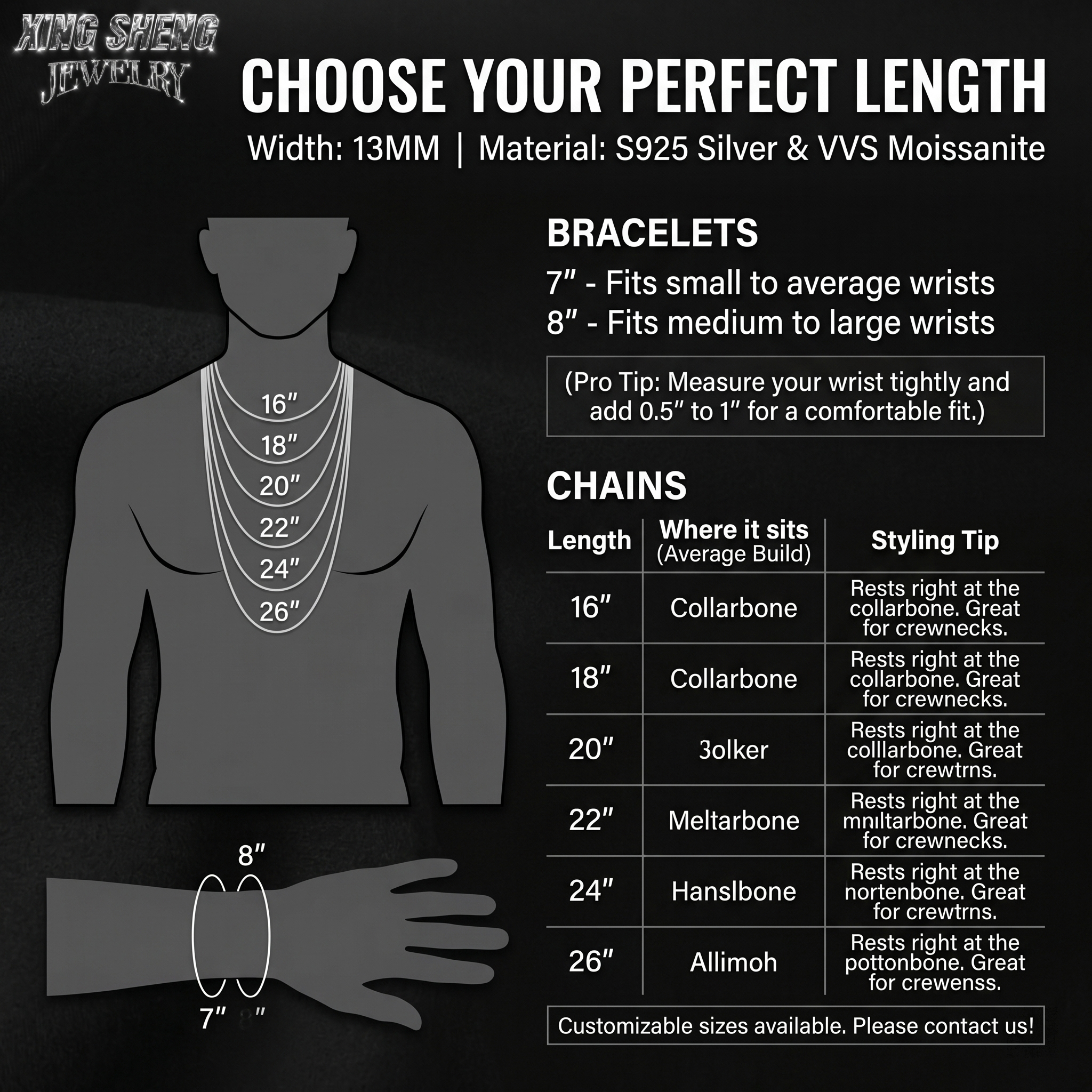 Comprehensive sizing guide for the 13mm moissanite Cuban link chain and bracelet, illustrating how lengths from 16 to 26 inches rest on a male model's collarbone and chest.