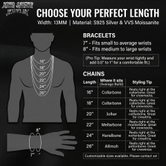 Comprehensive sizing guide for the 13mm moissanite Cuban link chain and bracelet, illustrating how lengths from 16 to 26 inches rest on a male model's collarbone and chest.