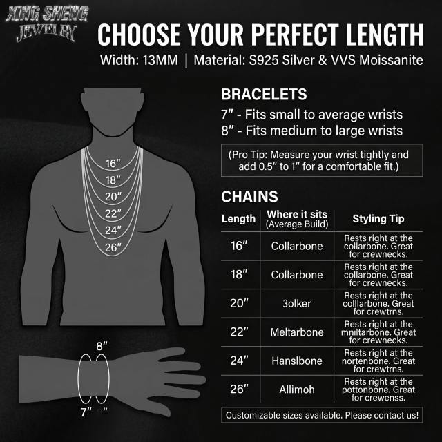 Comprehensive sizing guide for the 13mm moissanite Cuban link chain and bracelet, illustrating how lengths from 16 to 26 inches rest on a male model's collarbone and chest.