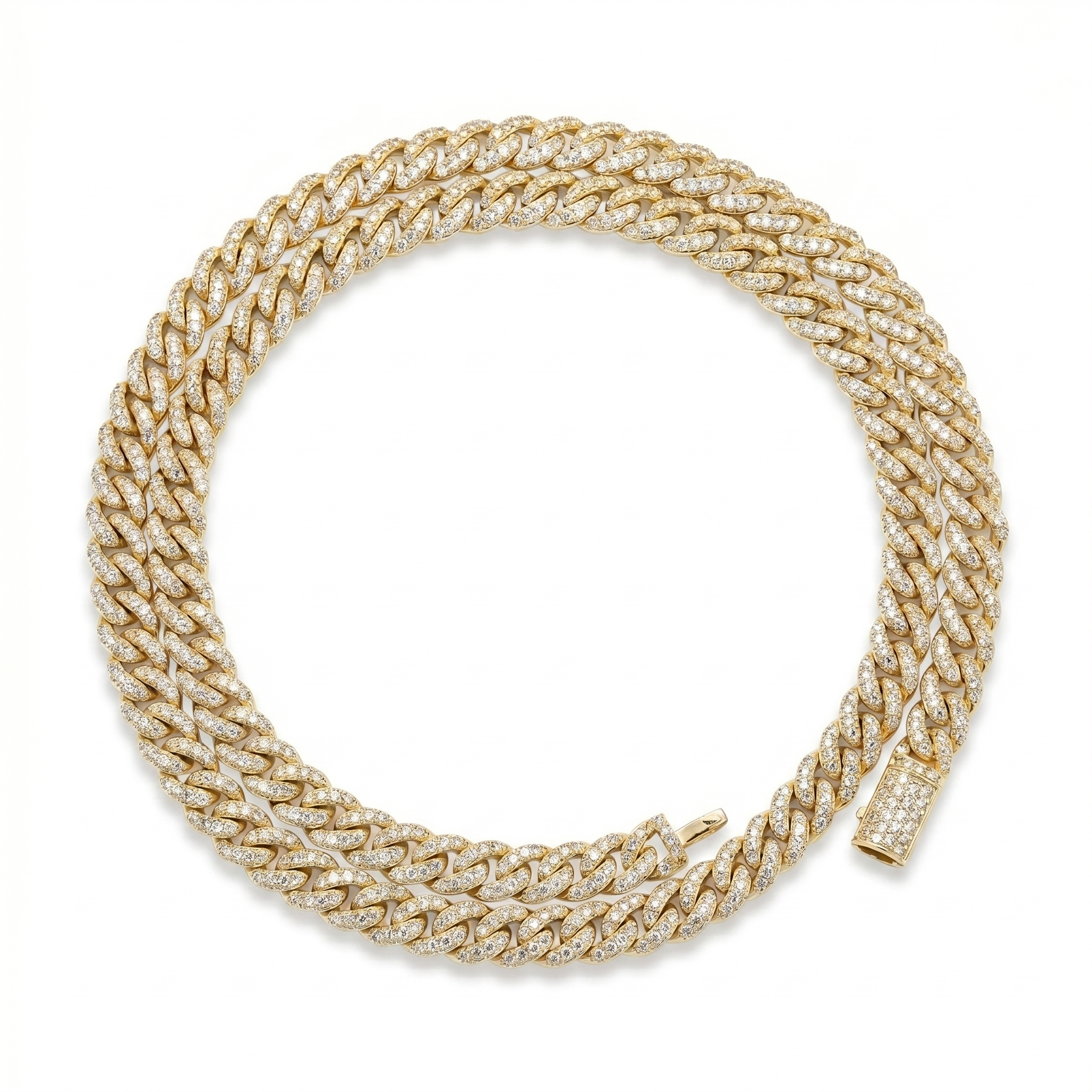 Full top-down view of the 6mm gold plated Moissanite Cuban link necklace showcasing the continuous iced out paved setting.