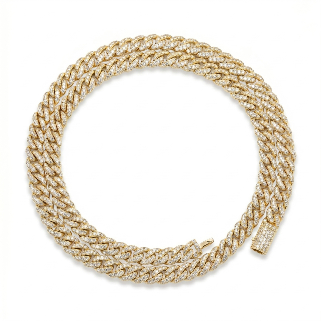 Full top-down view of the 6mm gold plated Moissanite Cuban link necklace showcasing the continuous iced out paved setting.