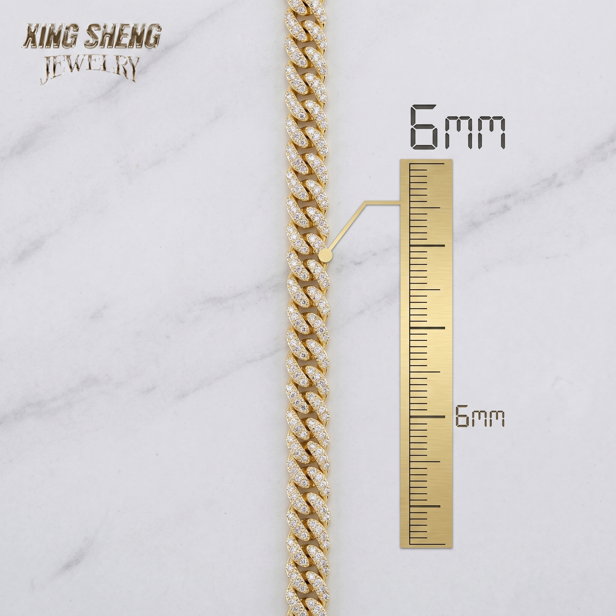 Precision measurement graphic confirming the exact 6mm classic width of the S925 sterling silver Moissanite Cuban link chain.