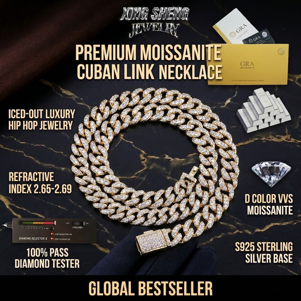Flat lay display of the GRA certified Moissanite Cuban link necklace alongside 100% S925 silver ingots and a thermal diamond tester.