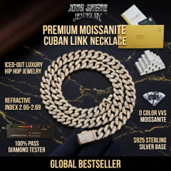 Flat lay display of the GRA certified Moissanite Cuban link necklace alongside 100% S925 silver ingots and a thermal diamond tester.