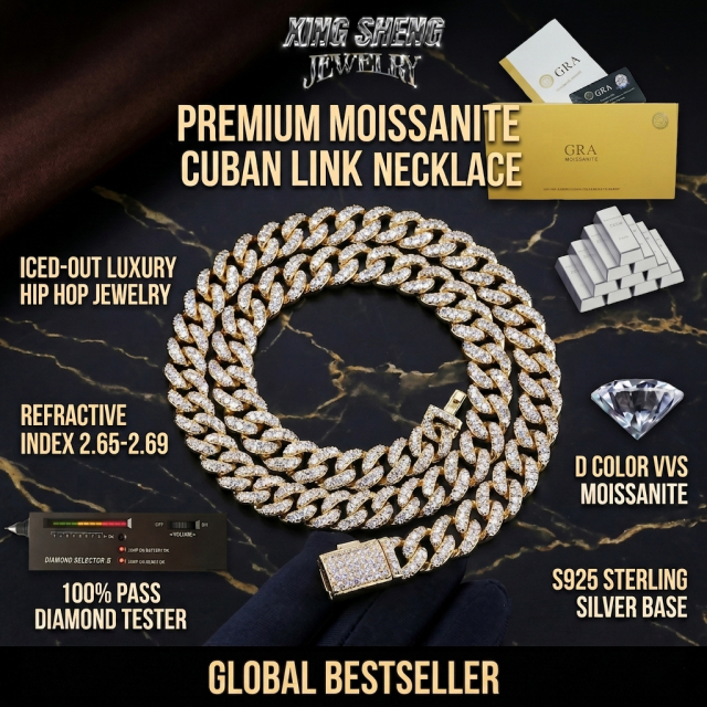 Flat lay display of the GRA certified Moissanite Cuban link necklace alongside 100% S925 silver ingots and a thermal diamond tester.
