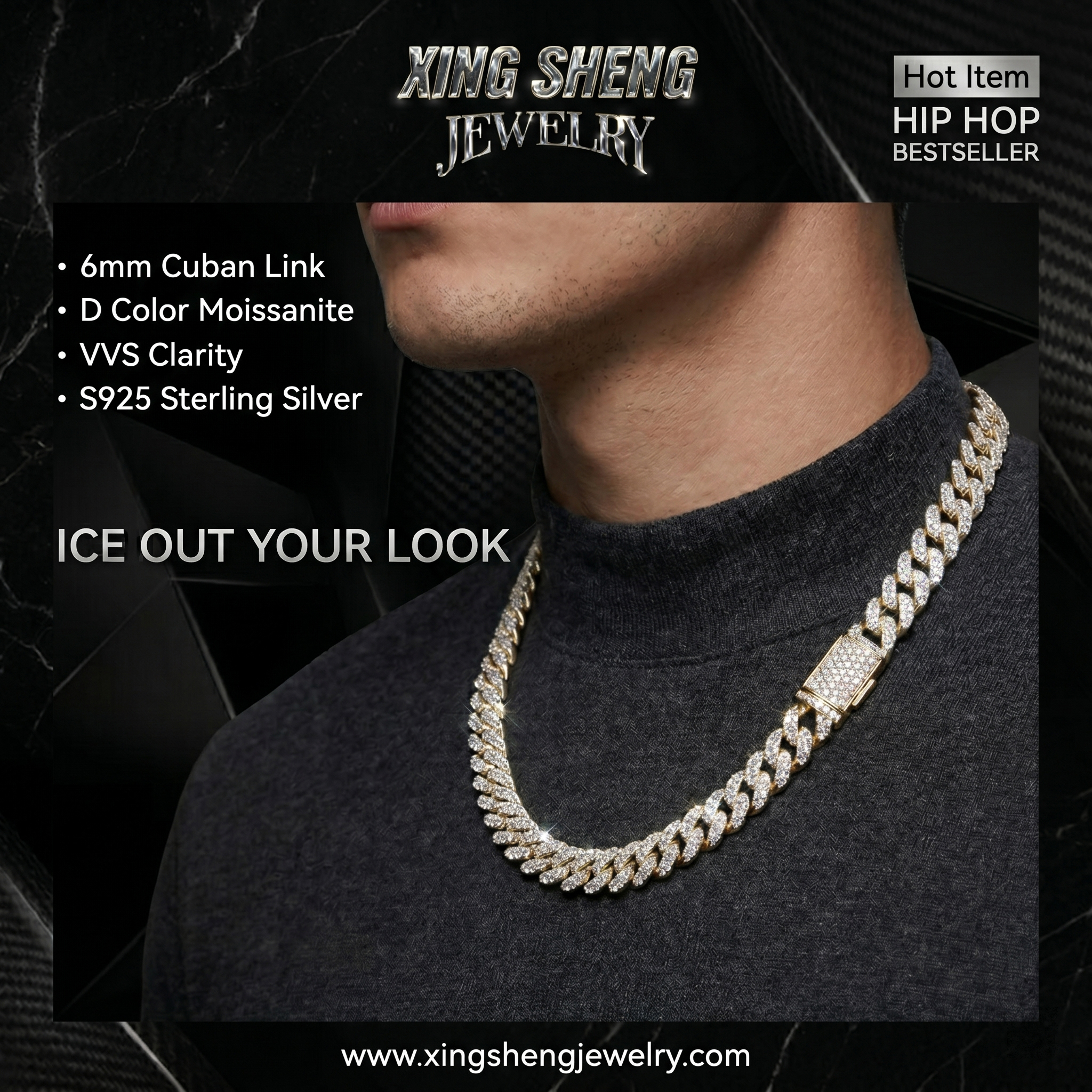 A male model wearing the hot item 6mm iced out Moissanite Cuban link chain, representing urban hip-hop streetwear luxury.