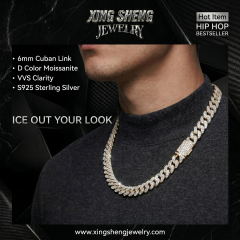 A male model wearing the hot item 6mm iced out Moissanite Cuban link chain, representing urban hip-hop streetwear luxury.