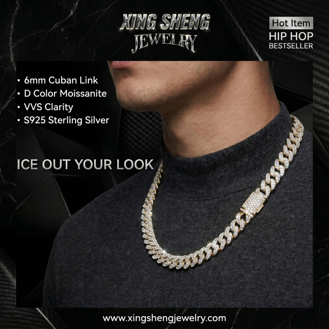 A male model wearing the hot item 6mm iced out Moissanite Cuban link chain, representing urban hip-hop streetwear luxury.