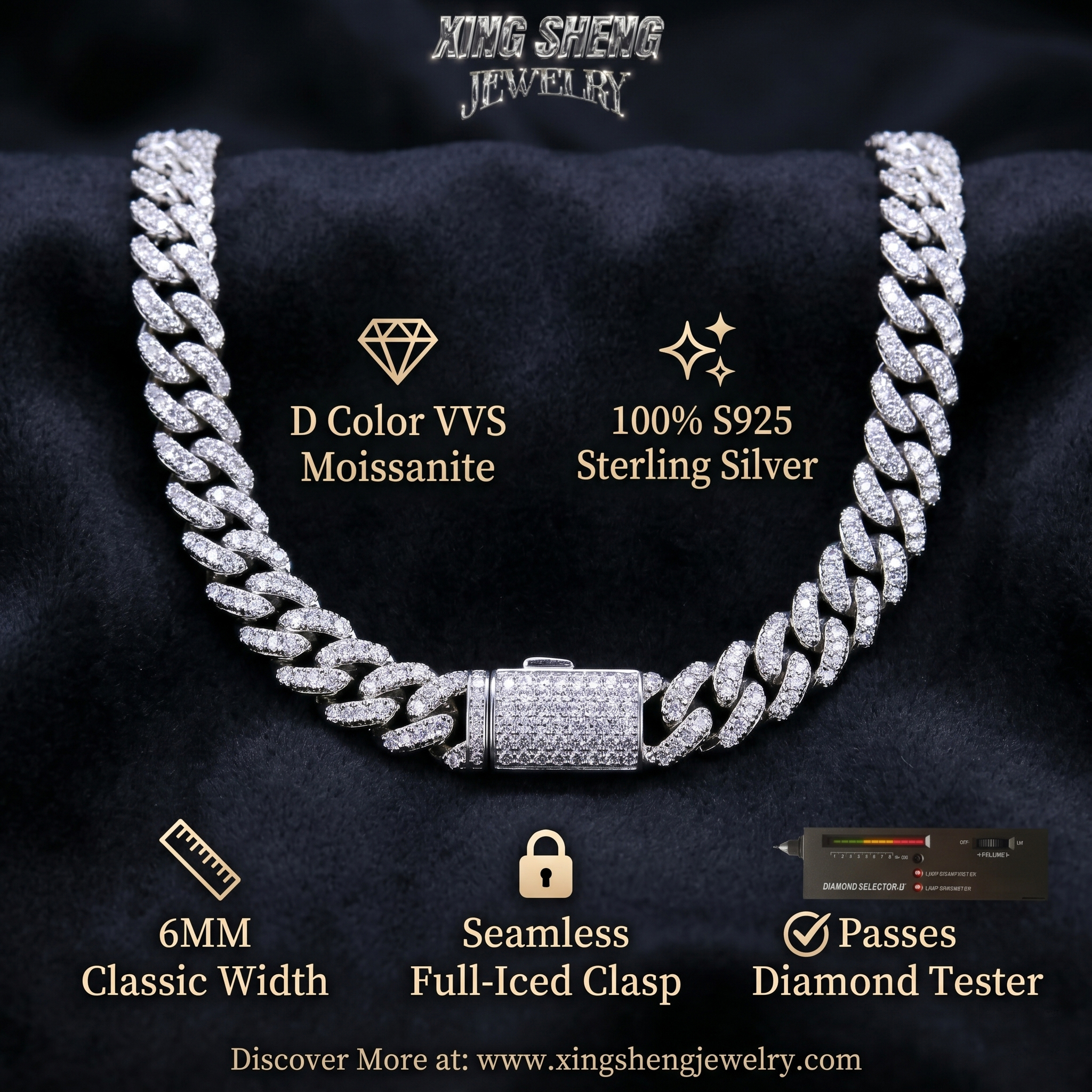 Detailed specifications of the 6mm Moissanite Cuban chain showing D Color VVS stones, seamless full-iced clasp, and passes diamond tester guarantee.