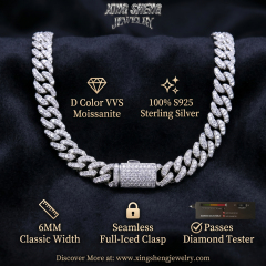 Detailed specifications of the 6mm Moissanite Cuban chain showing D Color VVS stones, seamless full-iced clasp, and passes diamond tester guarantee.