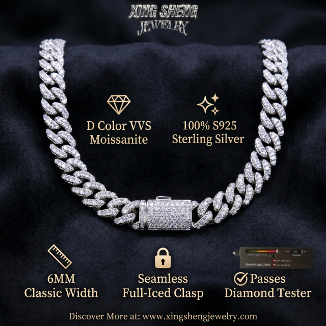 Detailed specifications of the 6mm Moissanite Cuban chain showing D Color VVS stones, seamless full-iced clasp, and passes diamond tester guarantee.
