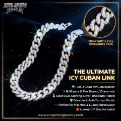 10MM Miami Cuban link chain fully iced out with 3 rows of micro pave moissanite, plated in rhodium for an anti-tarnish finish.