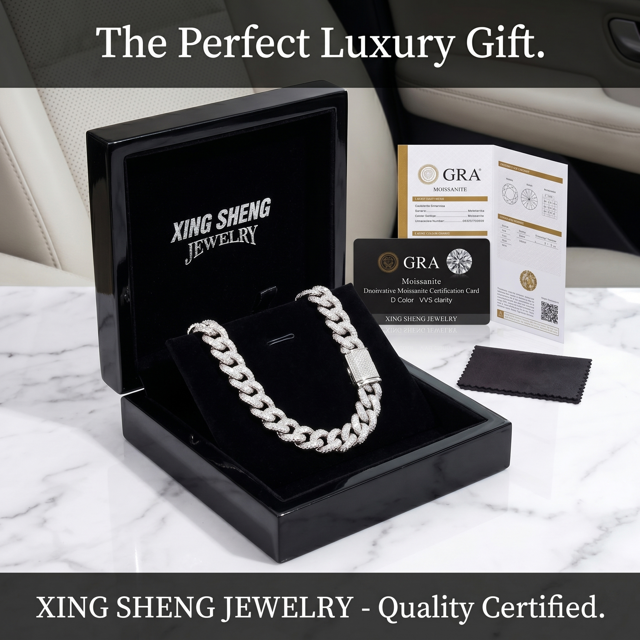 Premium black luxury gift box containing a 10MM moissanite Cuban link chain with a heavy-duty box clasp, a premium cleaning cloth, and accompanying GRA moissanite certification card.