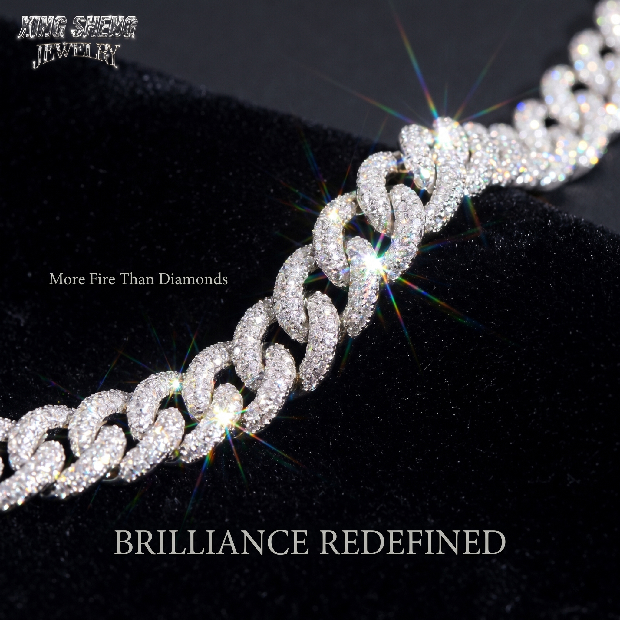 Macro photography of the 10MM 3-row moissanite Cuban necklace resting on black velvet, displaying more fire and light dispersion than natural diamonds.