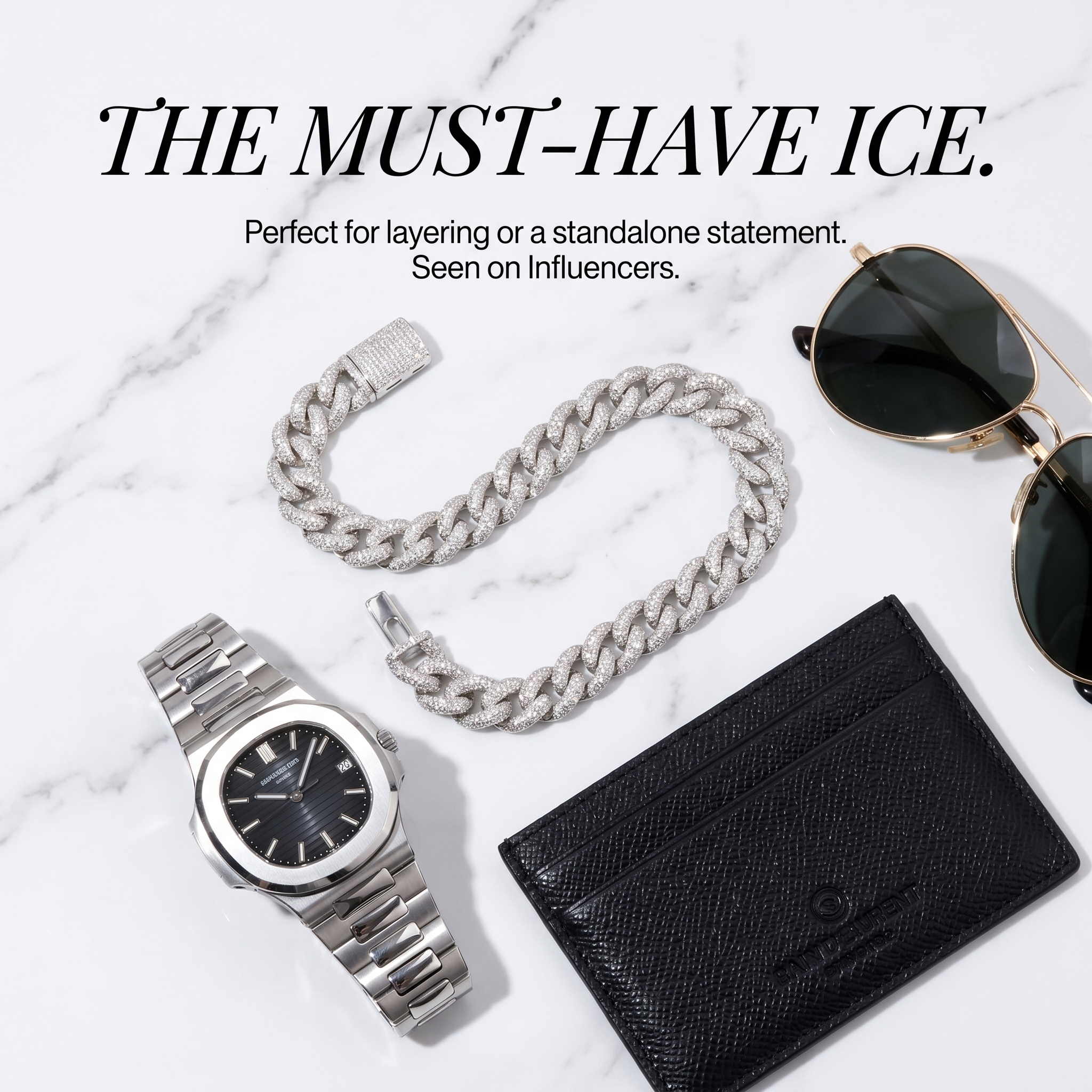 Must-have iced out jewelry styling flat lay featuring a 10MM moissanite Cuban chain, a luxury steel watch, aviator sunglasses, and a black leather cardholder.