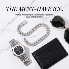 Must-have iced out jewelry styling flat lay featuring a 10MM moissanite Cuban chain, a luxury steel watch, aviator sunglasses, and a black leather cardholder.