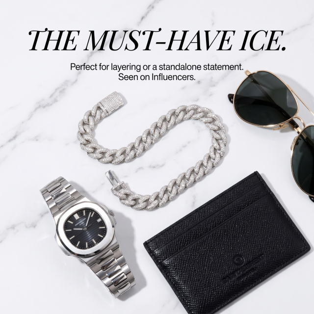 Must-have iced out jewelry styling flat lay featuring a 10MM moissanite Cuban chain, a luxury steel watch, aviator sunglasses, and a black leather cardholder.