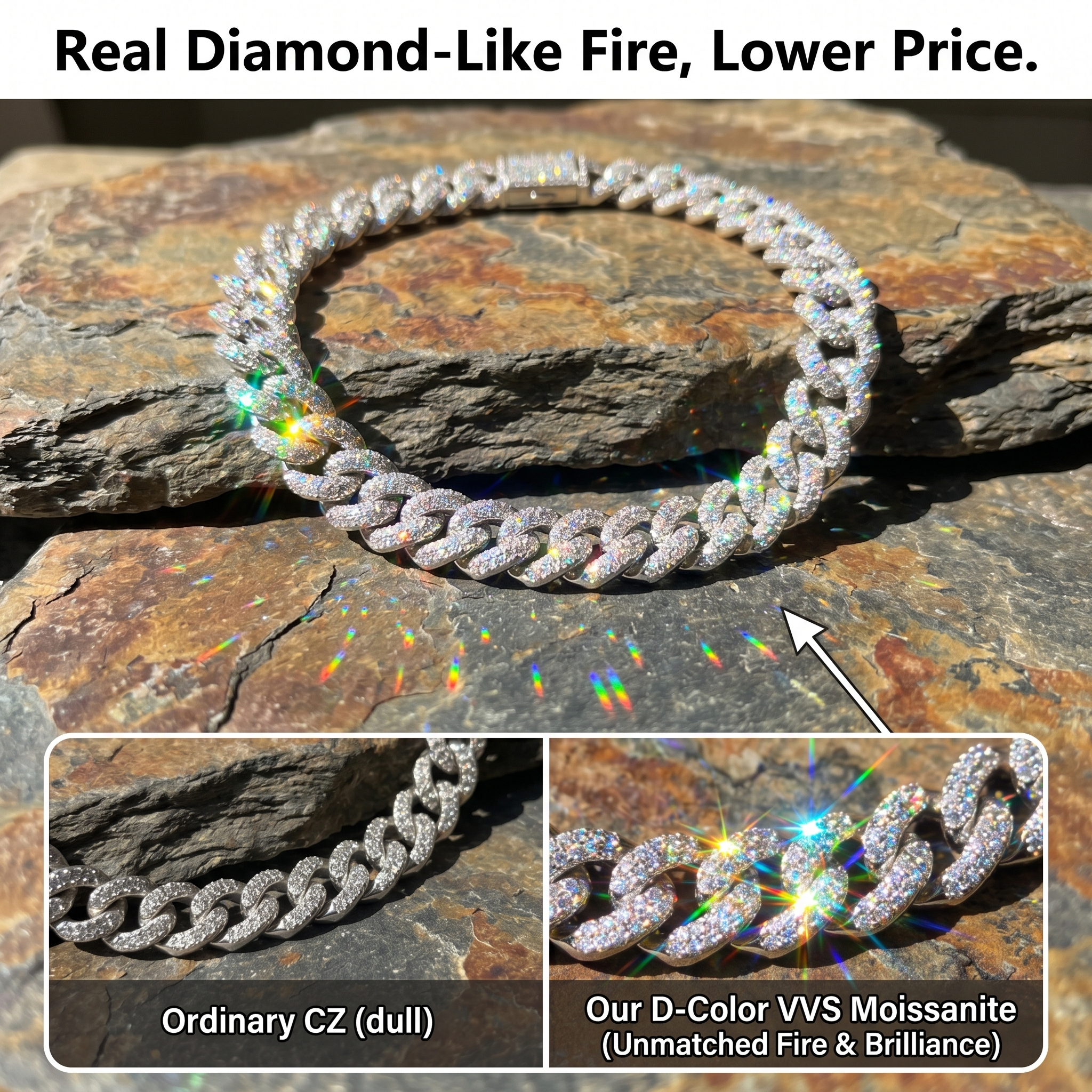 Side-by-side comparison showing the unmatched fire and brilliance of our D-Color VVS Moissanite Cuban chain against a dull, ordinary CZ chain in natural sunlight.
