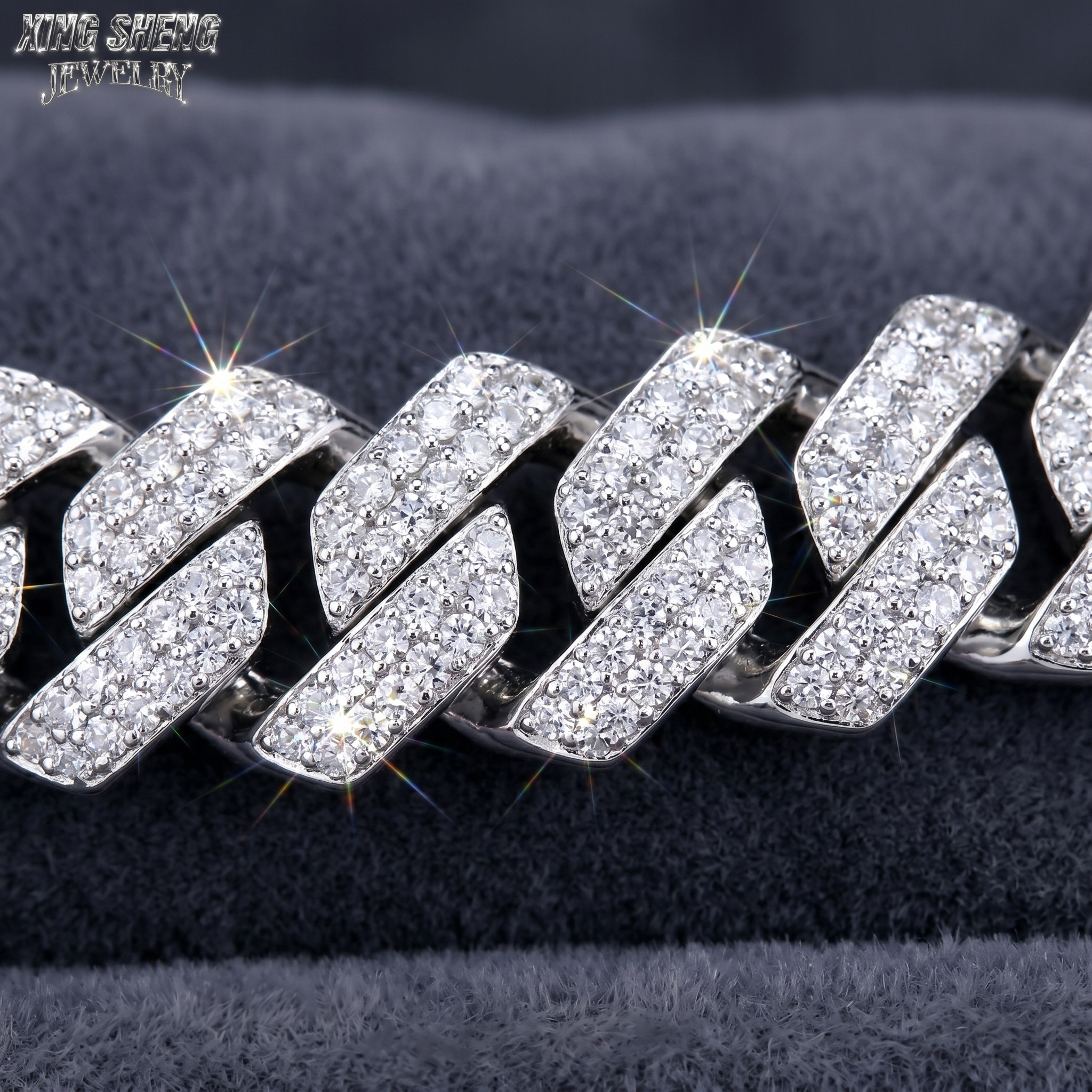 Macro close-up of a 13MM Moissanite Cuban Link Chain showing flawless 6A VVS D-color round stones set in rhodium-plated S925 sterling silver.