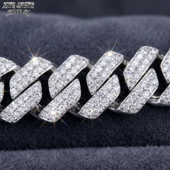 Macro close-up of a 13MM Moissanite Cuban Link Chain showing flawless 6A VVS D-color round stones set in rhodium-plated S925 sterling silver.