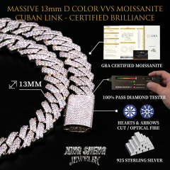 Infographic detailing the premium features of the 13MM moissanite Cuban link chain, including GRA certification, Hearts & Arrows cut, and passing a diamond tester.