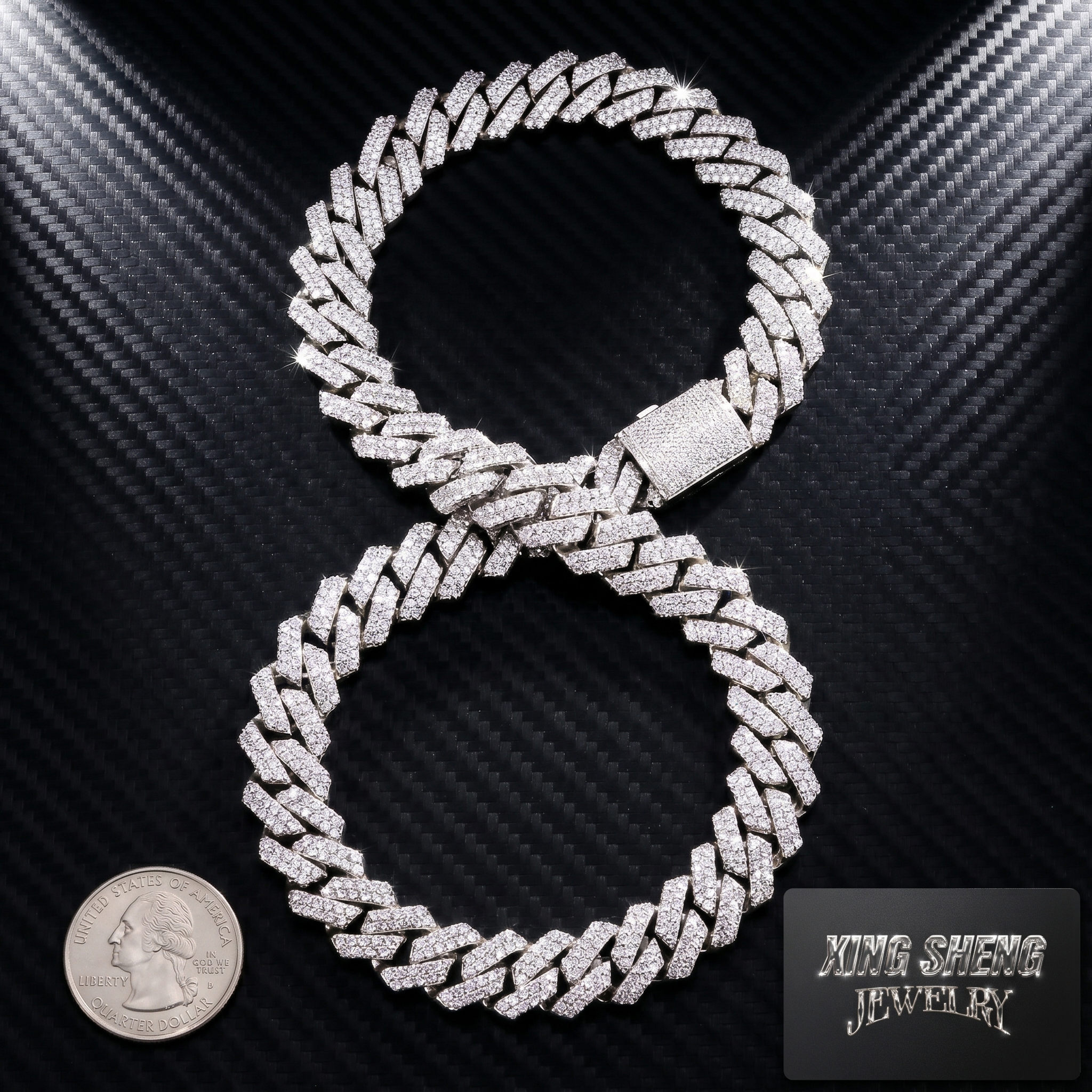 Heavy 13MM iced out moissanite Cuban chain arranged in a figure-eight shape next to a US quarter coin, demonstrating the massive width and solid build.