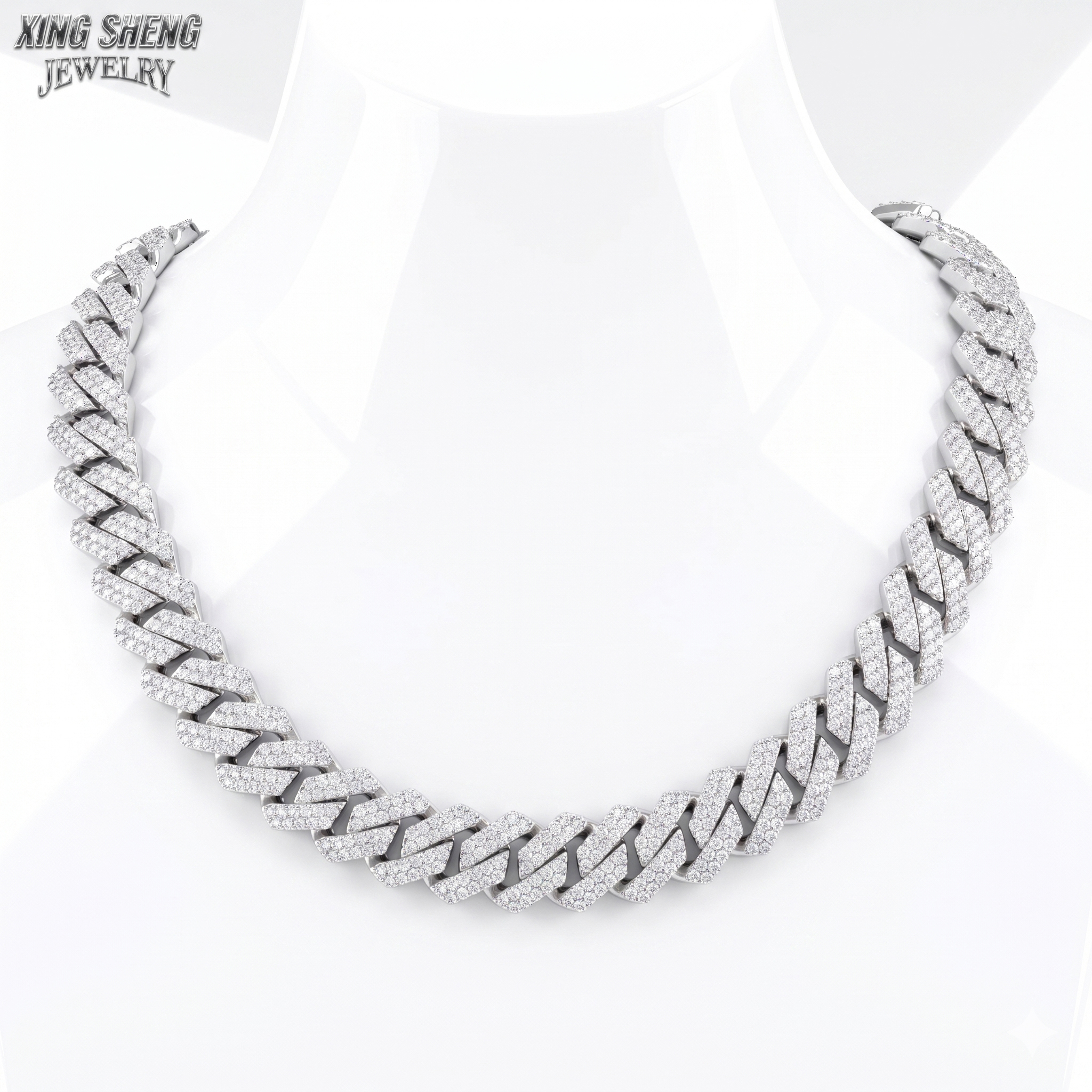 Display mannequin showing how the thick 13MM moissanite Cuban link chain rests perfectly on the neckline, demonstrating the drape of the S925 silver links.