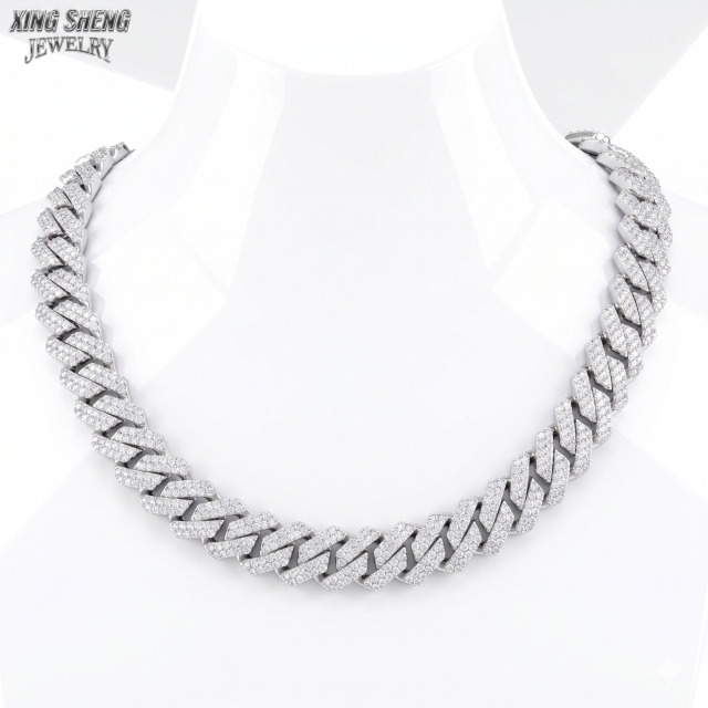Display mannequin showing how the thick 13MM moissanite Cuban link chain rests perfectly on the neckline, demonstrating the drape of the S925 silver links.