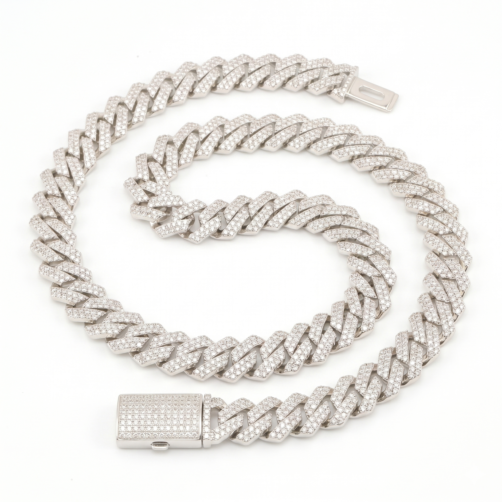 Coiled white gold plated 13MM moissanite Cuban link chain on a pure white background, highlighting the secure iced-out locking box clasp.