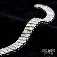 High-definition front macro view of the 8mm baguette cut moissanite tennis bracelet in S925 sterling silver with a brilliant white gold rhodium finish.
