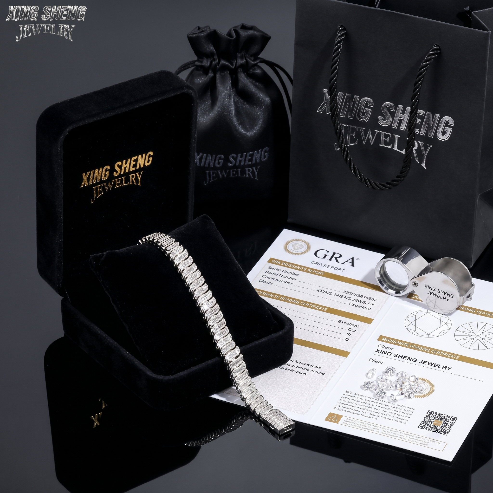 The complete luxury unboxing experience featuring the moissanite bracelet nestled in a premium velvet box, accompanied by a GRA grading certificate and jeweler's loupe.