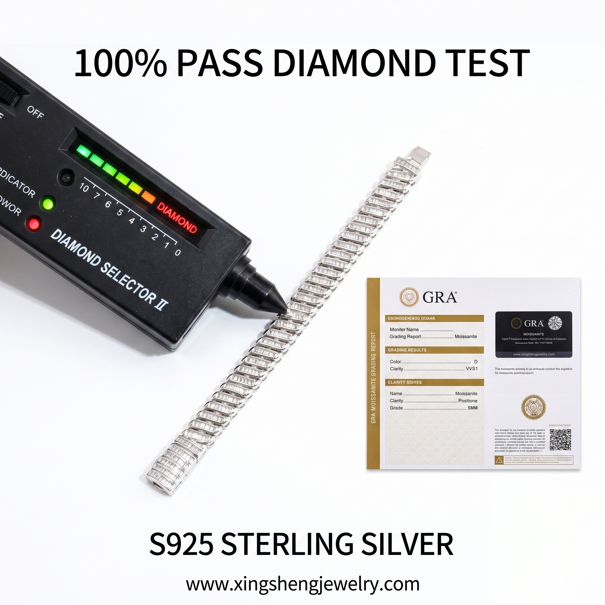 A thermal diamond tester pen displaying a positive diamond result on the baguette moissanite stones, proving thermal conductivity, next to an authentic GRA report.