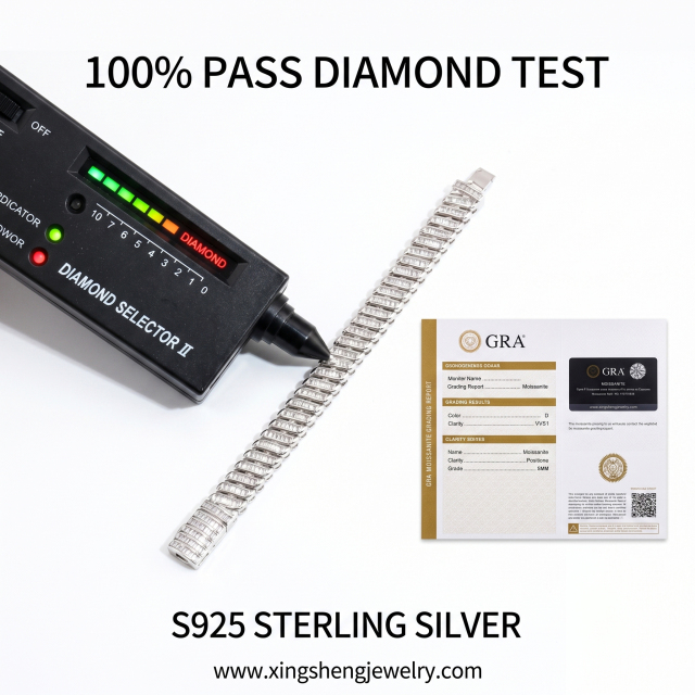 A thermal diamond tester pen displaying a positive diamond result on the baguette moissanite stones, proving thermal conductivity, next to an authentic GRA report.