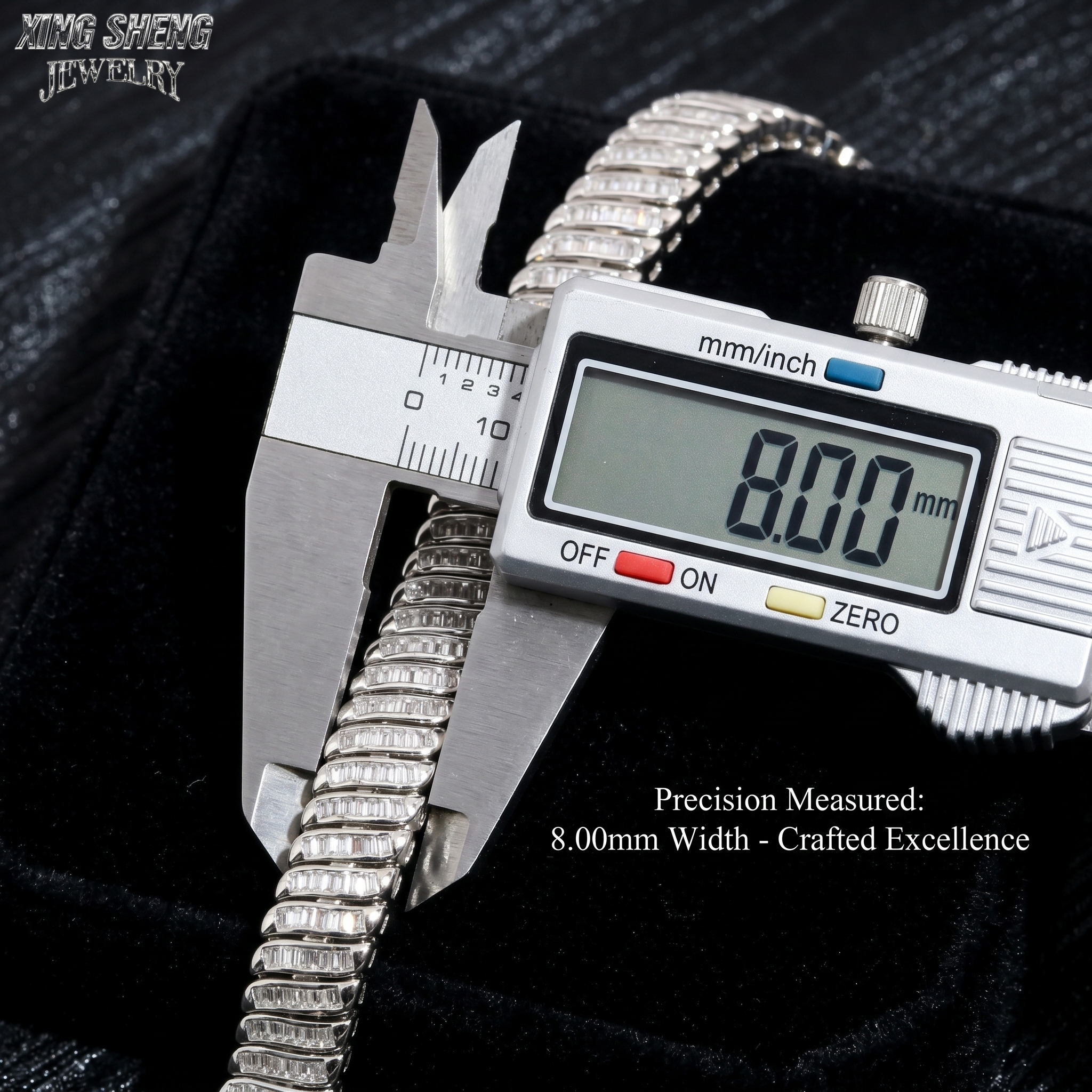 A digital caliper tool precisely measuring the width of the moissanite tennis bracelet, confirming its exact 8.00mm substantial architectural dimensions.