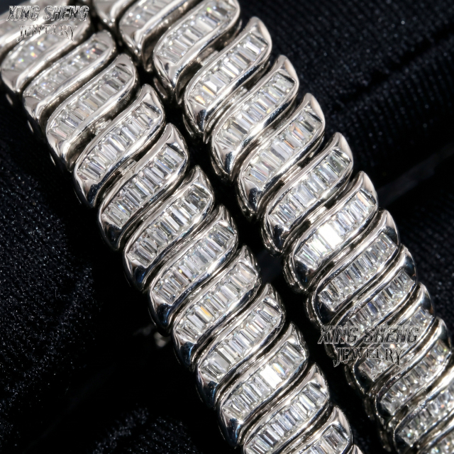 Two 8mm baguette moissanite bracelets stacked tightly side-by-side on black velvet, highlighting the precise geometry and seamless step-cut faceting.