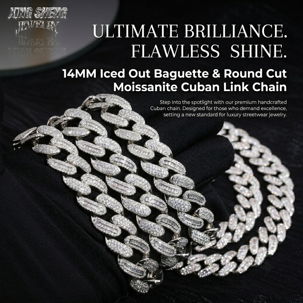 Extreme close-up of a 14mm Moissanite Cuban link chain crafted in S925 silver, detailing the flawless D-color baguette and round cut stones set in a micro-pave honeycomb pattern against a black background.