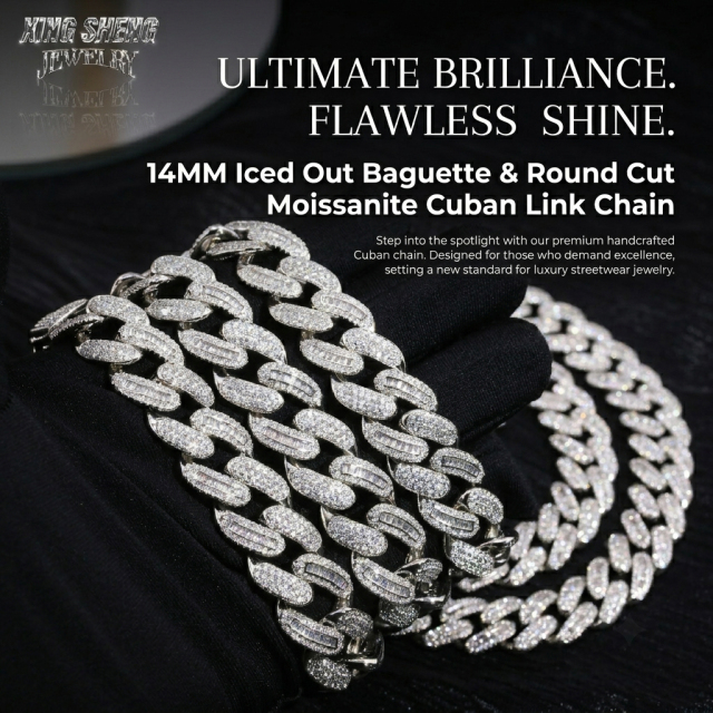 Extreme close-up of a 14mm Moissanite Cuban link chain crafted in S925 silver, detailing the flawless D-color baguette and round cut stones set in a micro-pave honeycomb pattern against a black background.