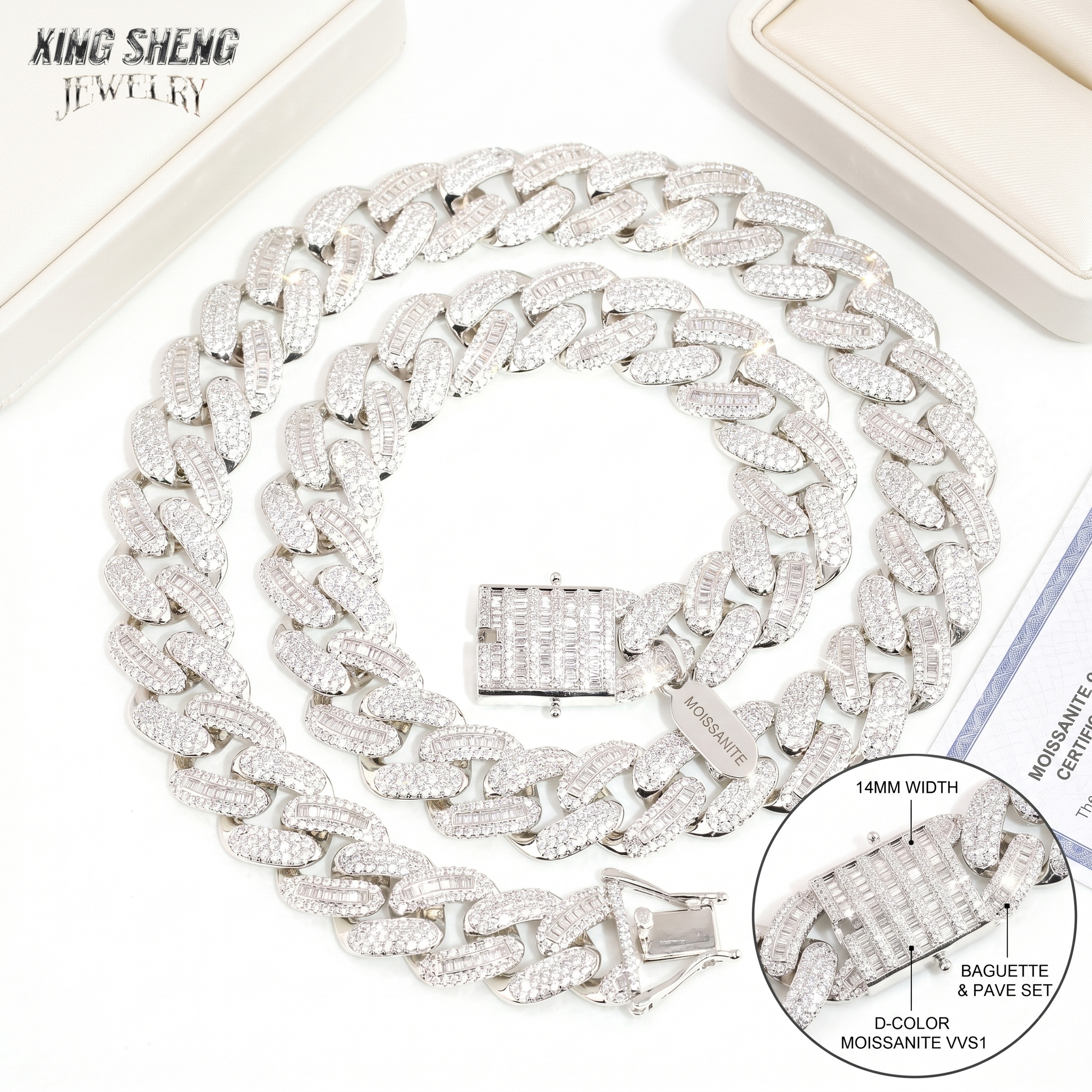 Full-length flat lay view of the 14mm wide moissanite Cuban link chain alongside its official GRA certificate, focusing on the meticulous alignment of the baguette and pave set stones.