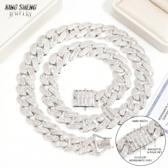 Full-length flat lay view of the 14mm wide moissanite Cuban link chain alongside its official GRA certificate, focusing on the meticulous alignment of the baguette and pave set stones.