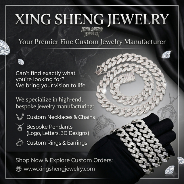 Promotional display from an 18-year premier fine custom jewelry manufacturer, showing the heavy 14mm moissanite Cuban chain layered with bespoke pendant options and secure box clasp details.