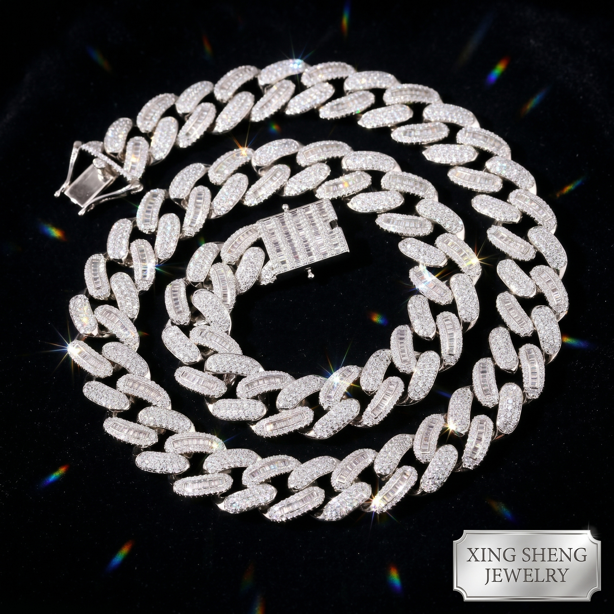 Stunning macro photography capturing the explosive chromatic dispersion and fiery rainbow sparkle emitted by the excellent cut moissanite stones on the 14mm S925 silver Cuban link chain.