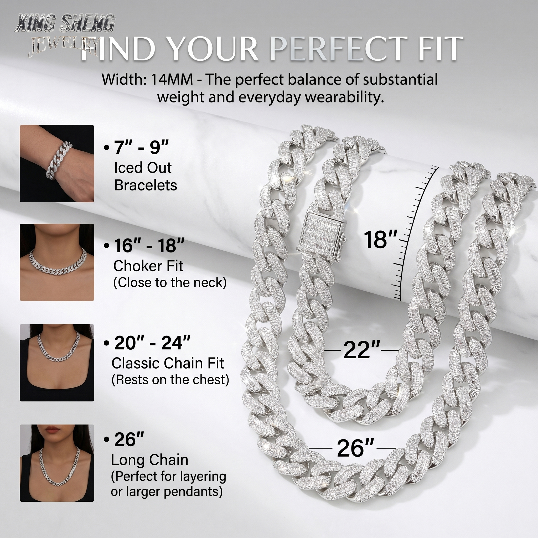 Comprehensive size guide for the 14mm moissanite Cuban chain, illustrating lengths from a 7-inch to 9-inch iced out bracelet, up to 16-inch chokers, and 26-inch long layering chains resting on the chest.
