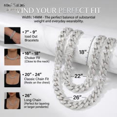 Comprehensive size guide for the 14mm moissanite Cuban chain, illustrating lengths from a 7-inch to 9-inch iced out bracelet, up to 16-inch chokers, and 26-inch long layering chains resting on the chest.