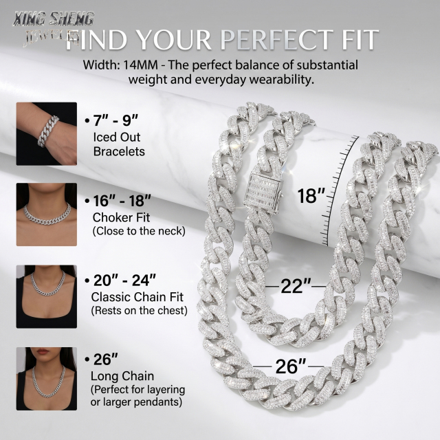 Comprehensive size guide for the 14mm moissanite Cuban chain, illustrating lengths from a 7-inch to 9-inch iced out bracelet, up to 16-inch chokers, and 26-inch long layering chains resting on the chest.