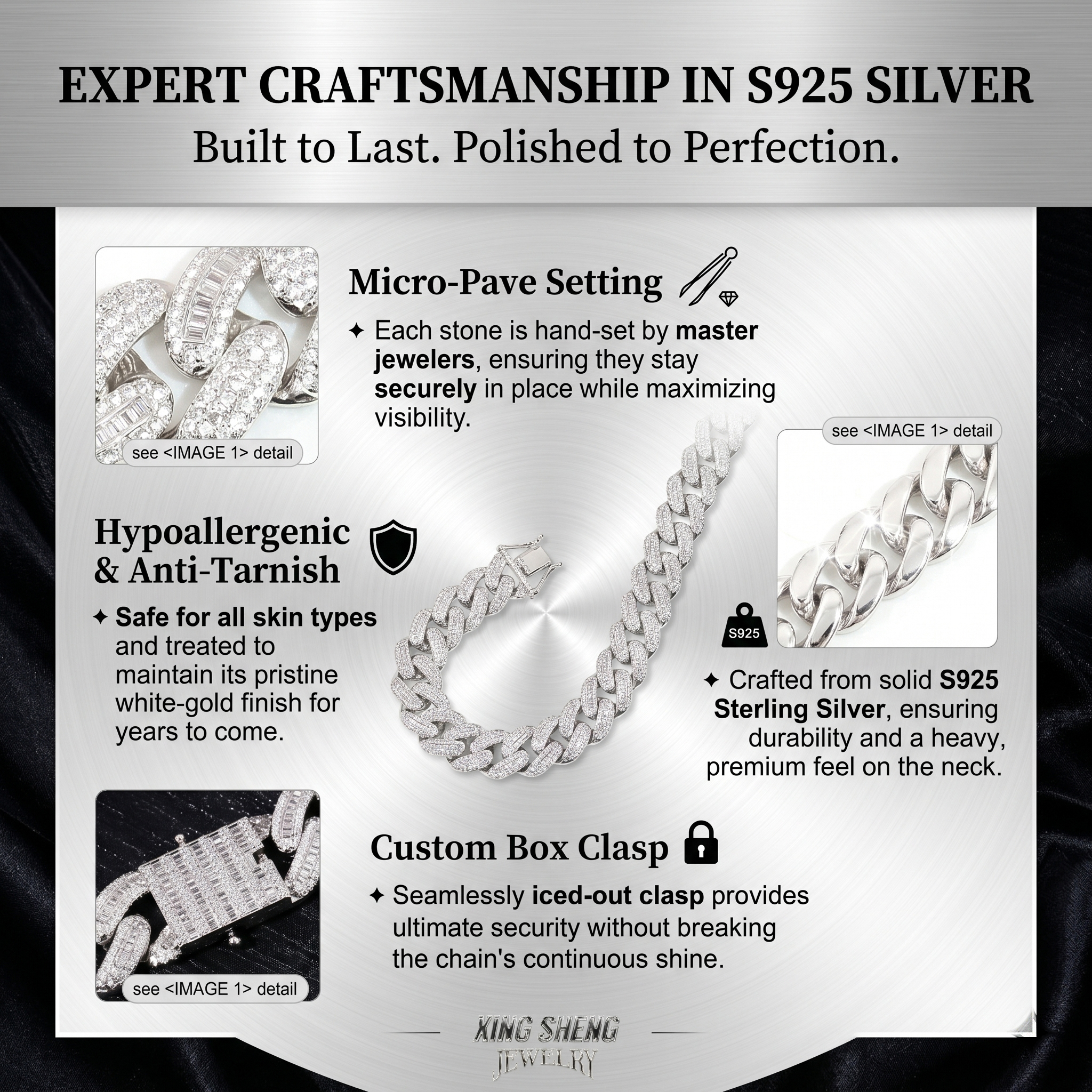 Technical infographic detailing the expert craftsmanship of the S925 sterling silver chain, highlighting the hypoallergenic anti-tarnish rhodium plating, hand-set micro-pave setting, and the heavy secure box clasp.
